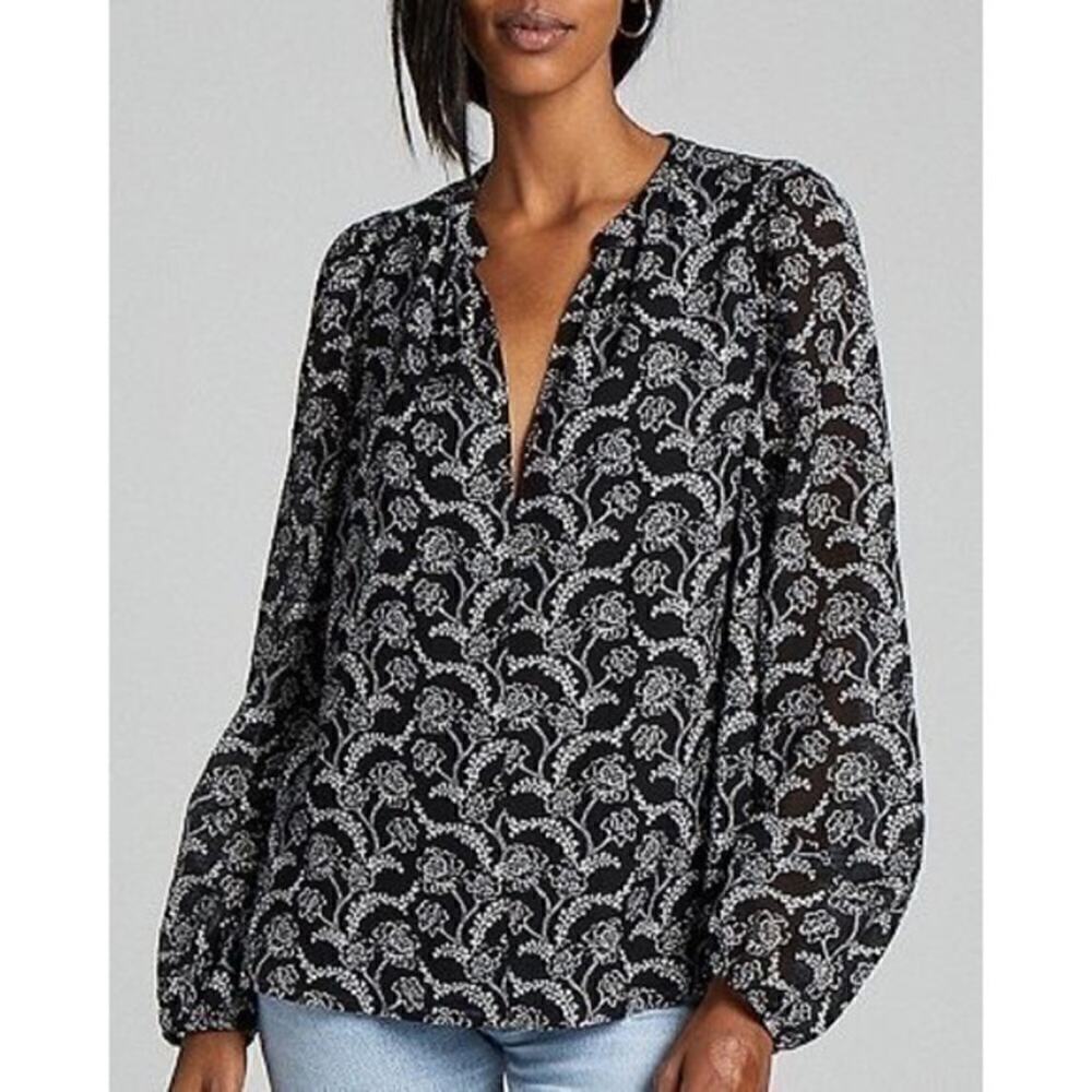 A.L.C. Adara Black and White Floral Long Blouson Sleeve Silk Blend Top 4 NWT - Picture 3 of 7